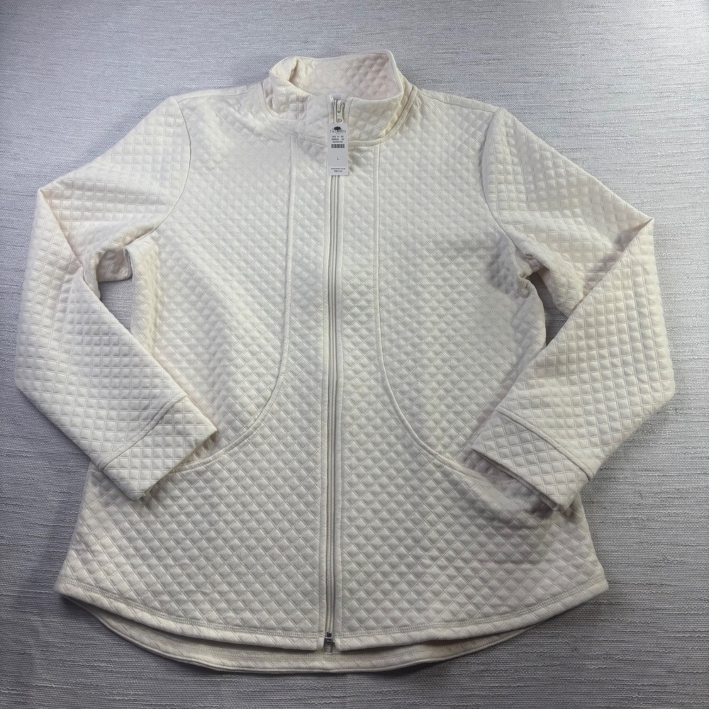 NEW T by Talbots Cream Diamond Quilted Full Zip Mock Neck Jacket NWT Large